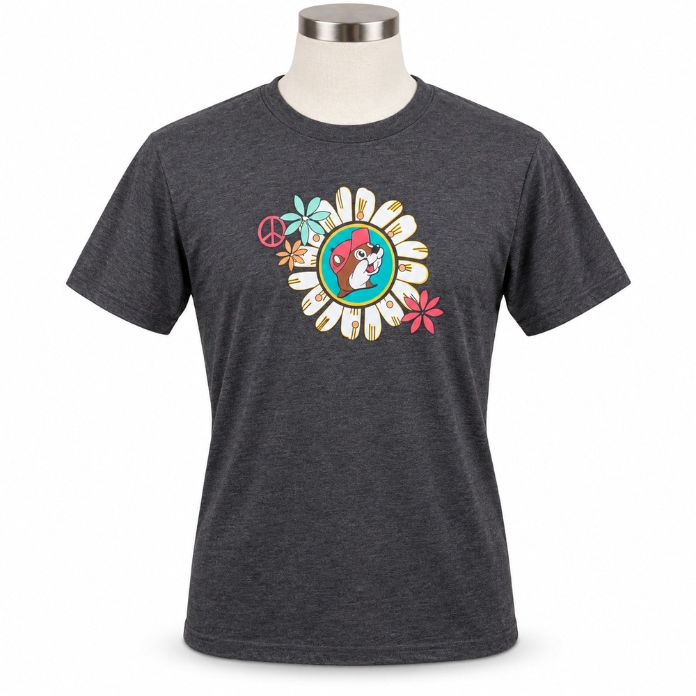 Buc-ee's Large T-Shirt Gray Hippie Van Daisy Peace Soul Shine Graphic Tee Retro